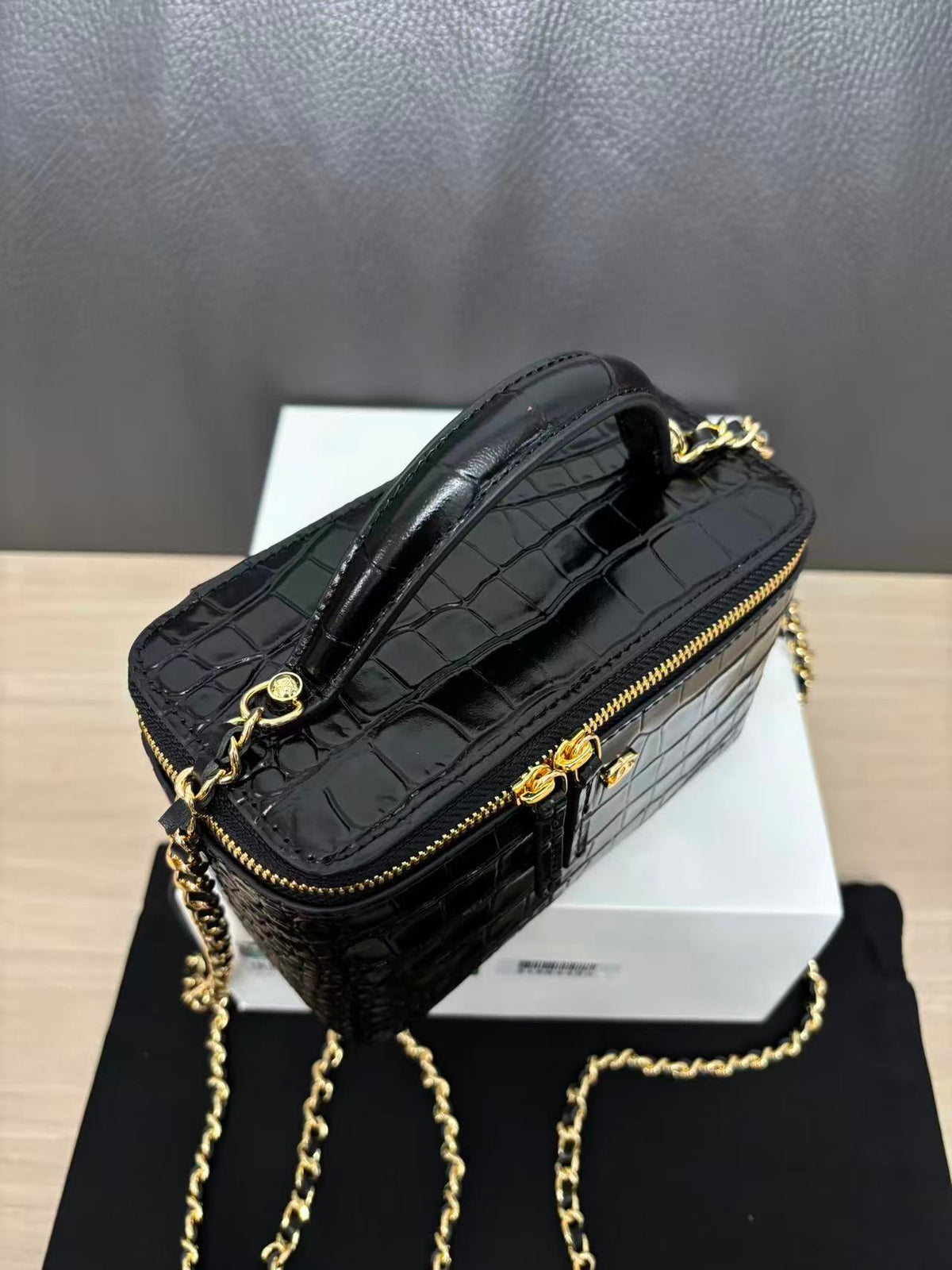 CC 26s Top Handle Vanity Case Black Calfskin Crocodile Embossed