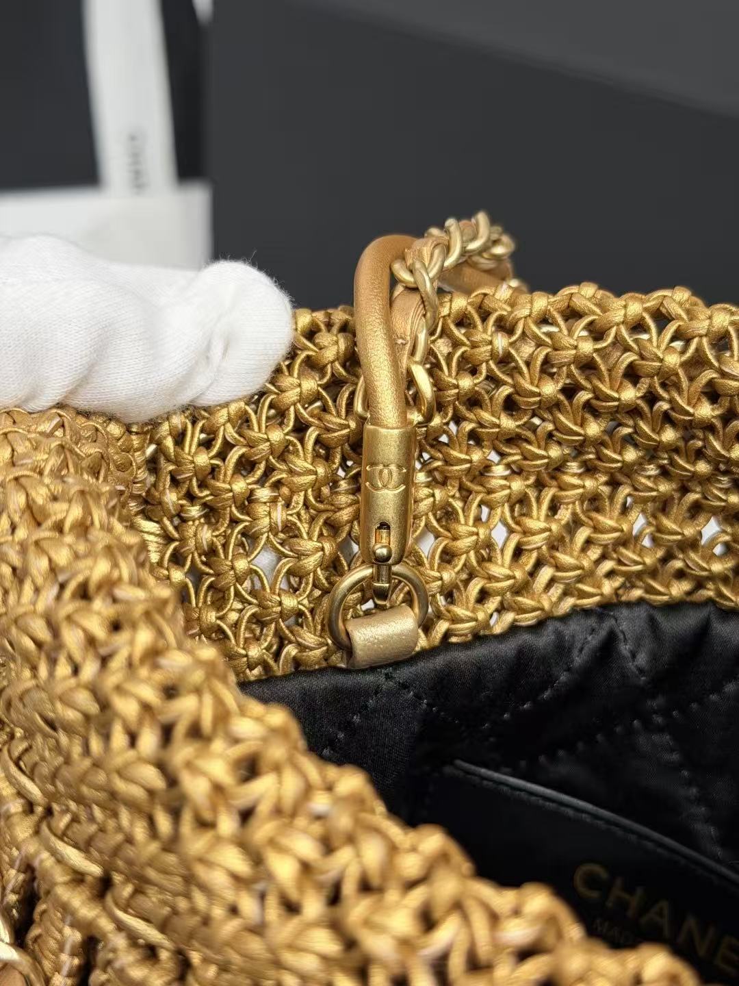 CC Metallic Macramé Mini Chanel Hobo Bag 23cm Gold Calfskin