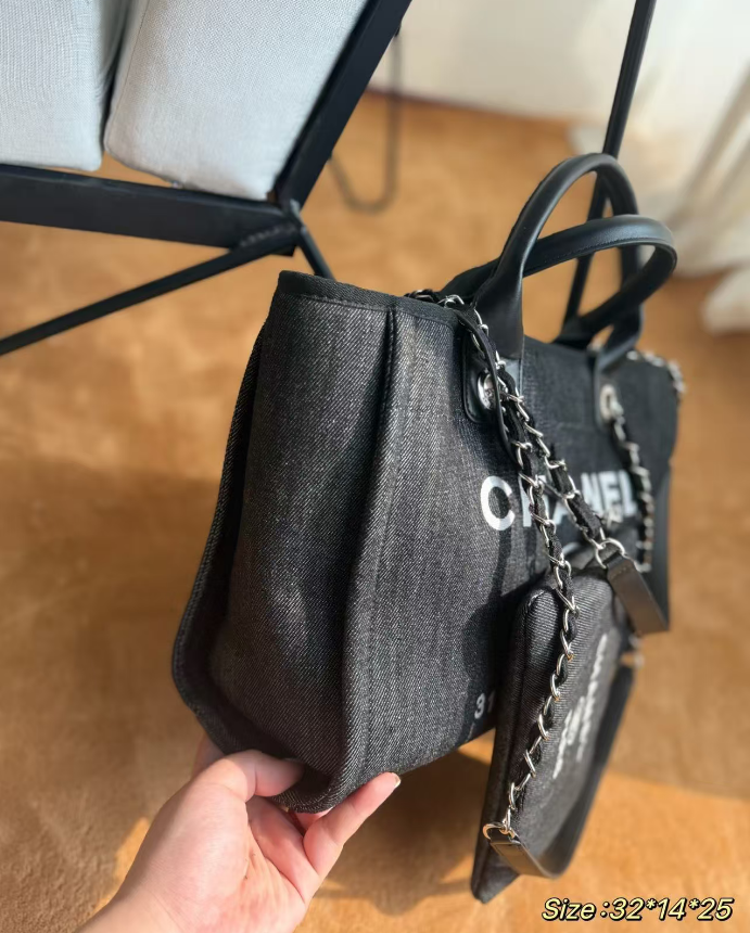 CC Deauville Tote Bag White Lettering Chain Strap 32cm Black Denim