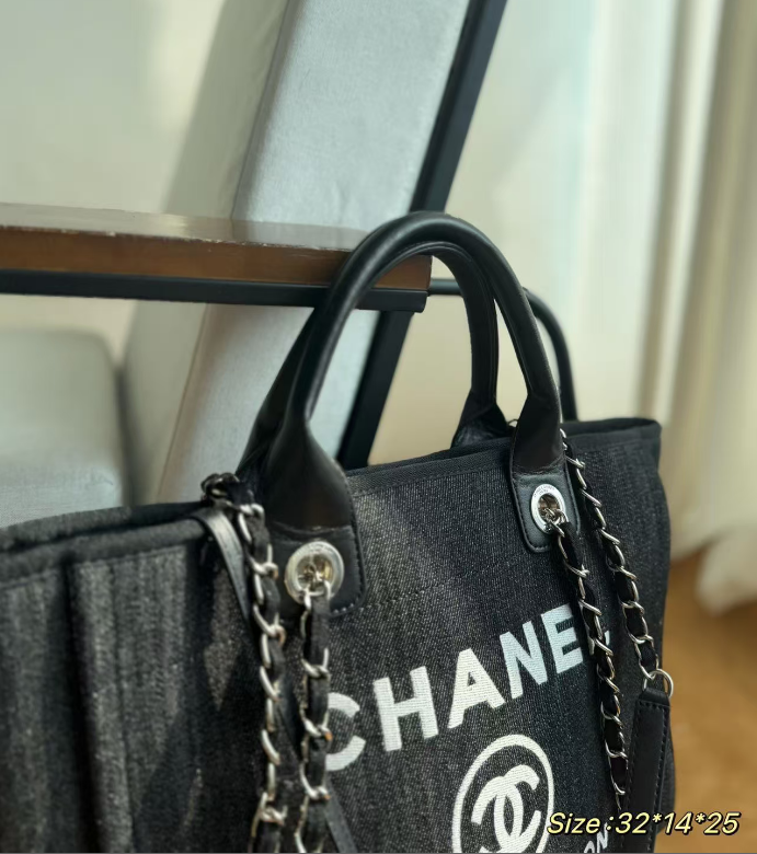 CC Deauville Tote Bag White Lettering Chain Strap 32cm Black Denim