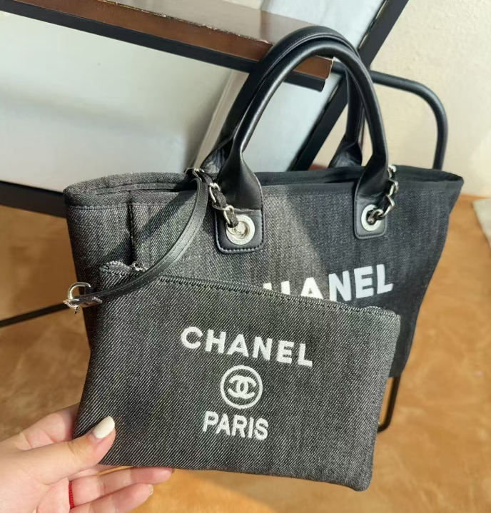 CC Deauville Tote Bag White Lettering Chain Strap 32cm Black Denim