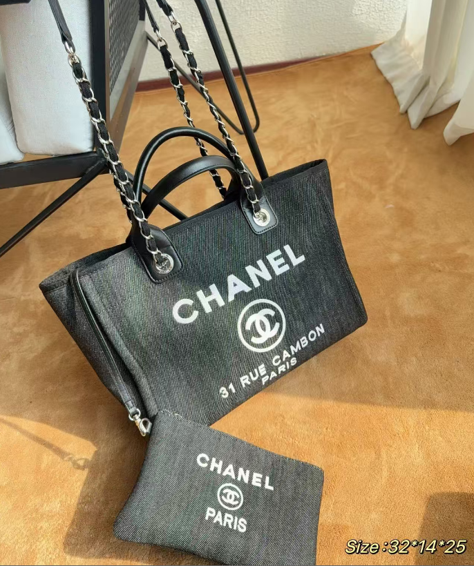 CC Deauville Tote Bag White Lettering Chain Strap 32cm Black Denim