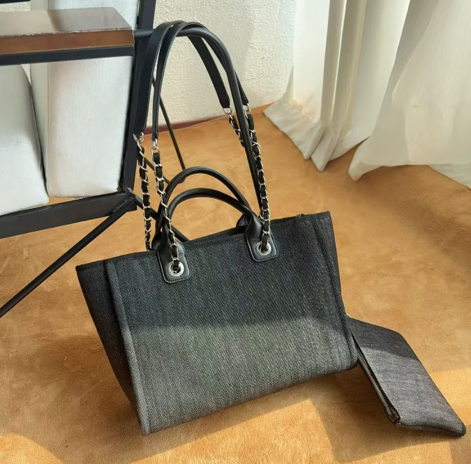 CC Deauville Tote Bag White Lettering Chain Strap 32cm Black Denim