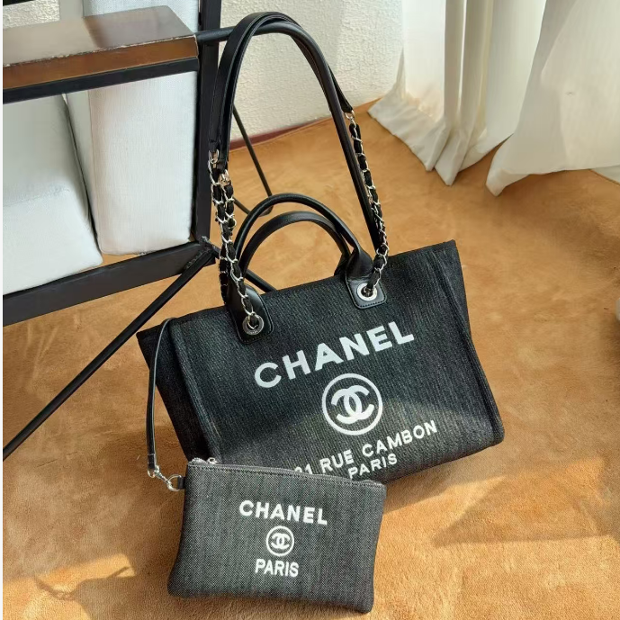 CC Deauville Tote Bag White Lettering Chain Strap 32cm Black Denim