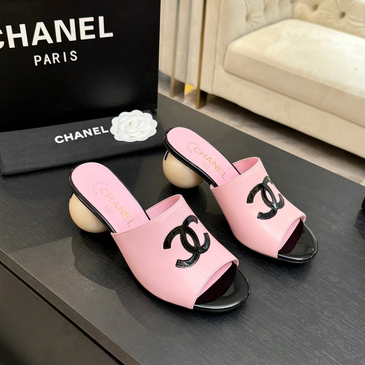Chanel 2026 Double C Giant Pearl Heel Sandal 7cm Sheepskin 672911