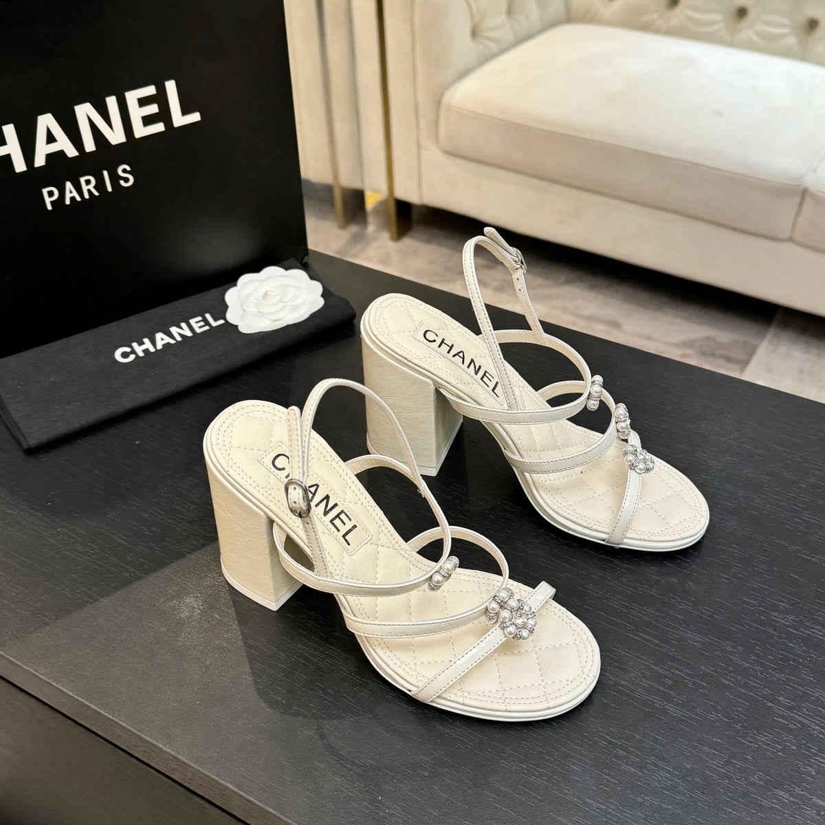 CC 2026 Camellia Chunky Heeled Sandals  90 Lambskin