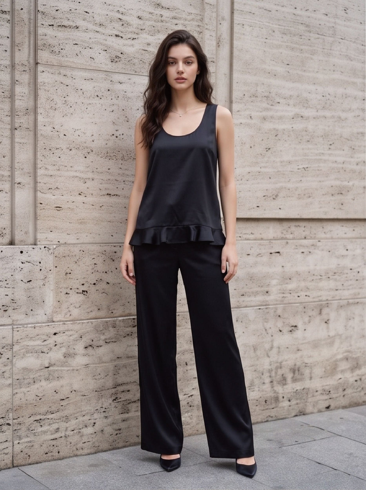 CC 26s Ruffled Acetate Sleeveless Vest Black Silk 408688
