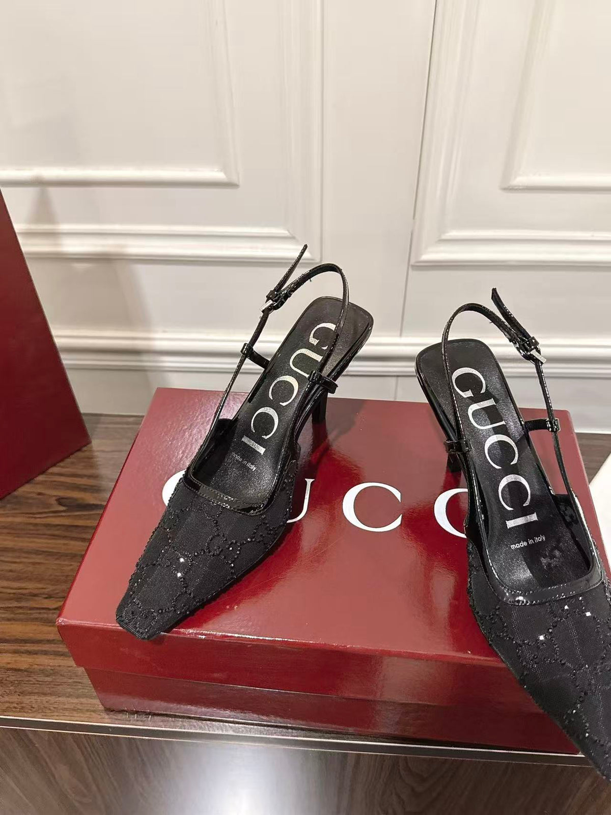 GG Demi Crystal-Embellished Slingback Pumps Black Mesh