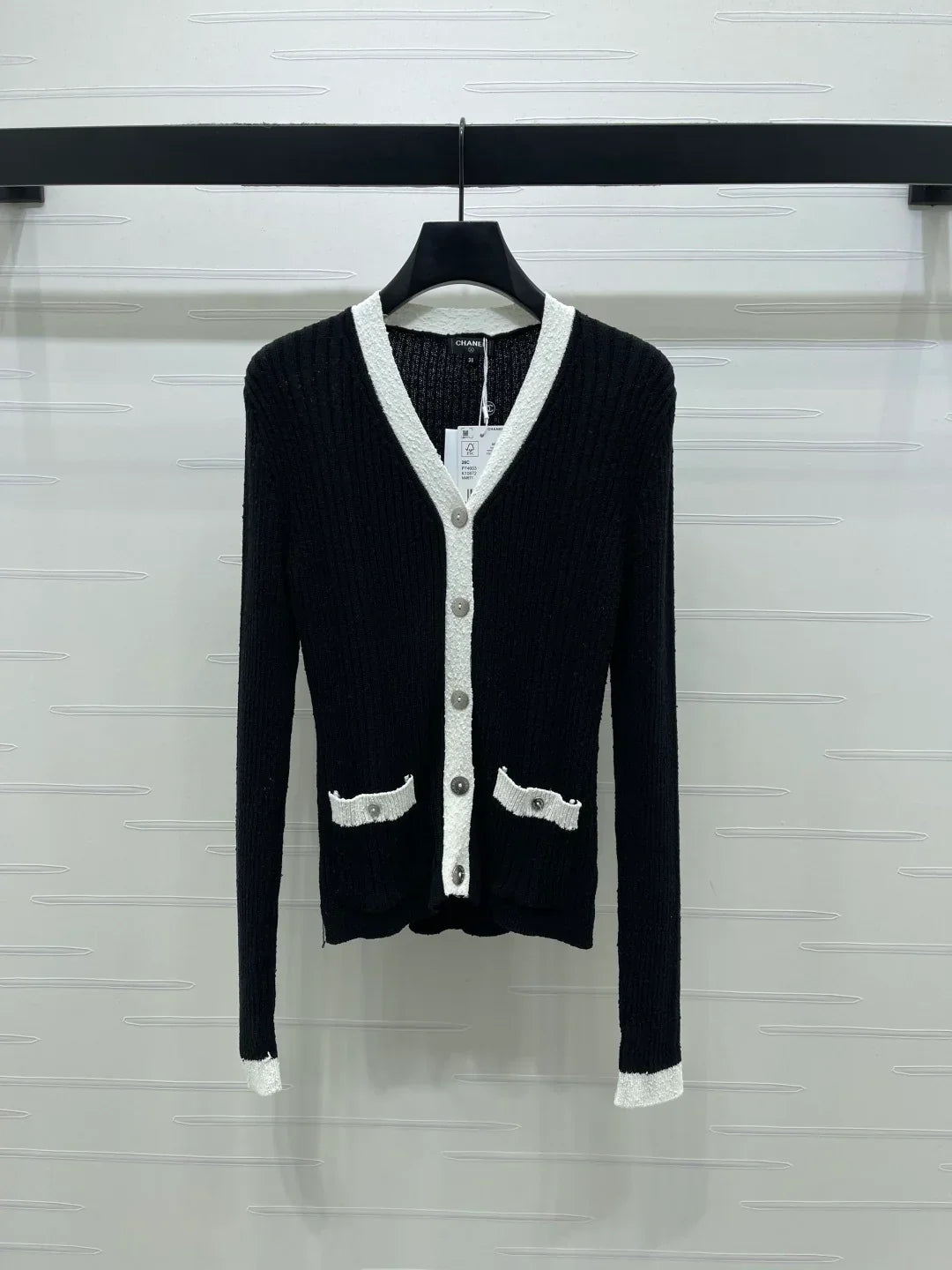 Chanel 2026 V-neck Knit Cardigan White and Black Wool Viscose