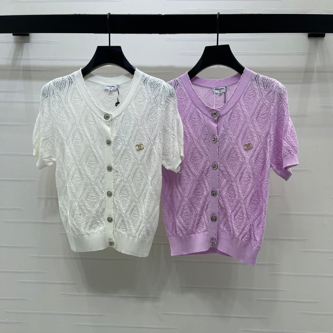 CC 26 Diamond Pattern Knit Short-Sleeve Cardigan in Tencel