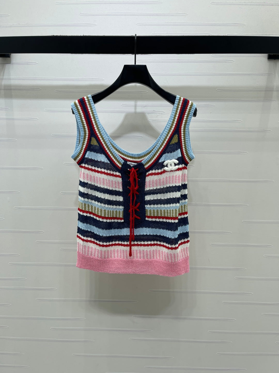 CC 26 Striped Knit Vest with Tie-up Detail in Nitrile Cotton 389152