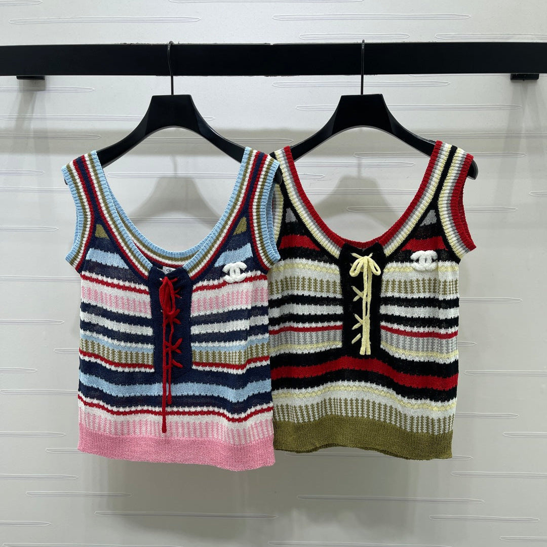 CC 26 Striped Knit Vest with Tie-up Detail in Nitrile Cotton 389152