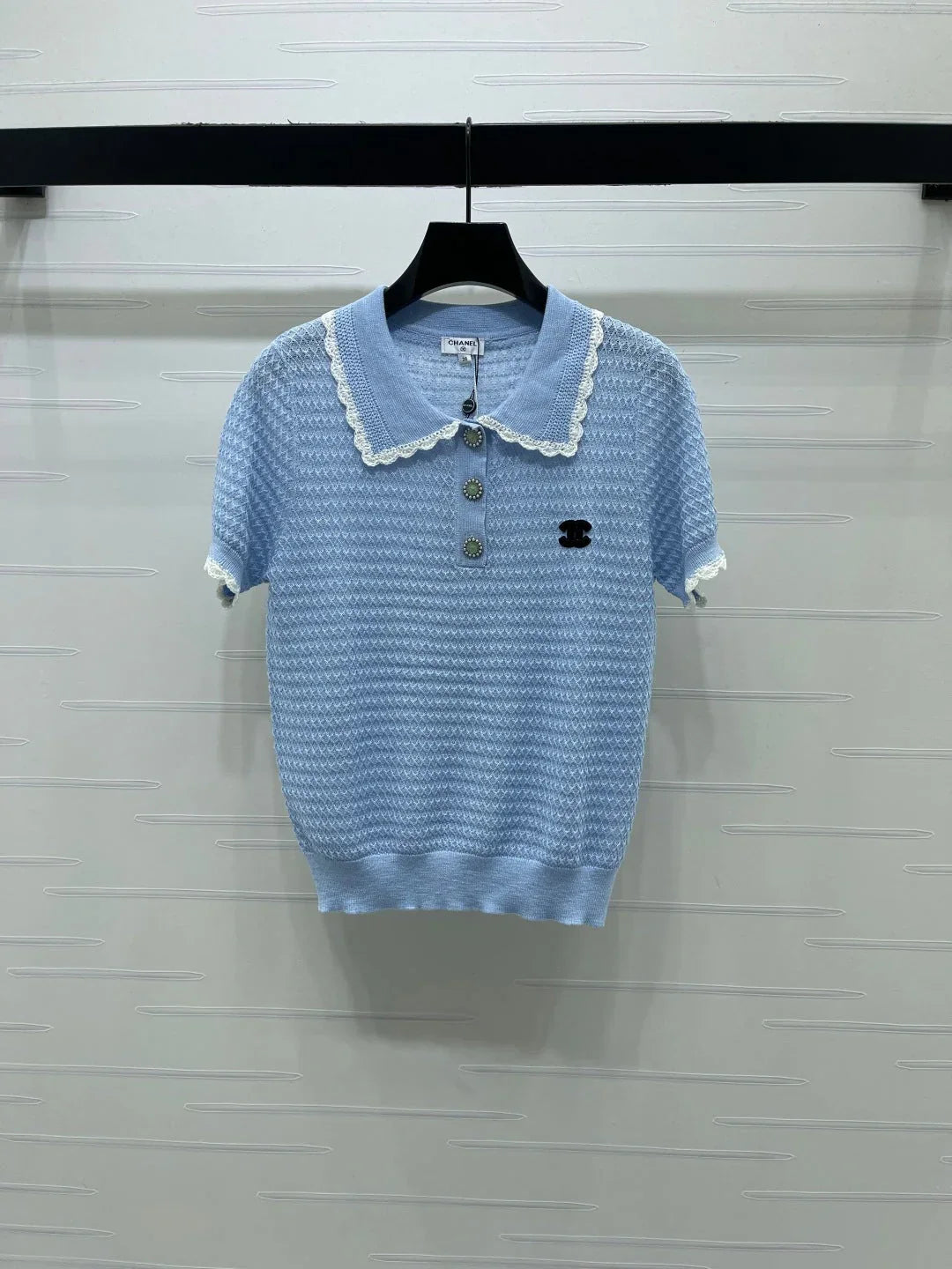 Chanel 2026 Lace-trimmed Polo Collar Knit Short-sleeved Top Cotton 390780