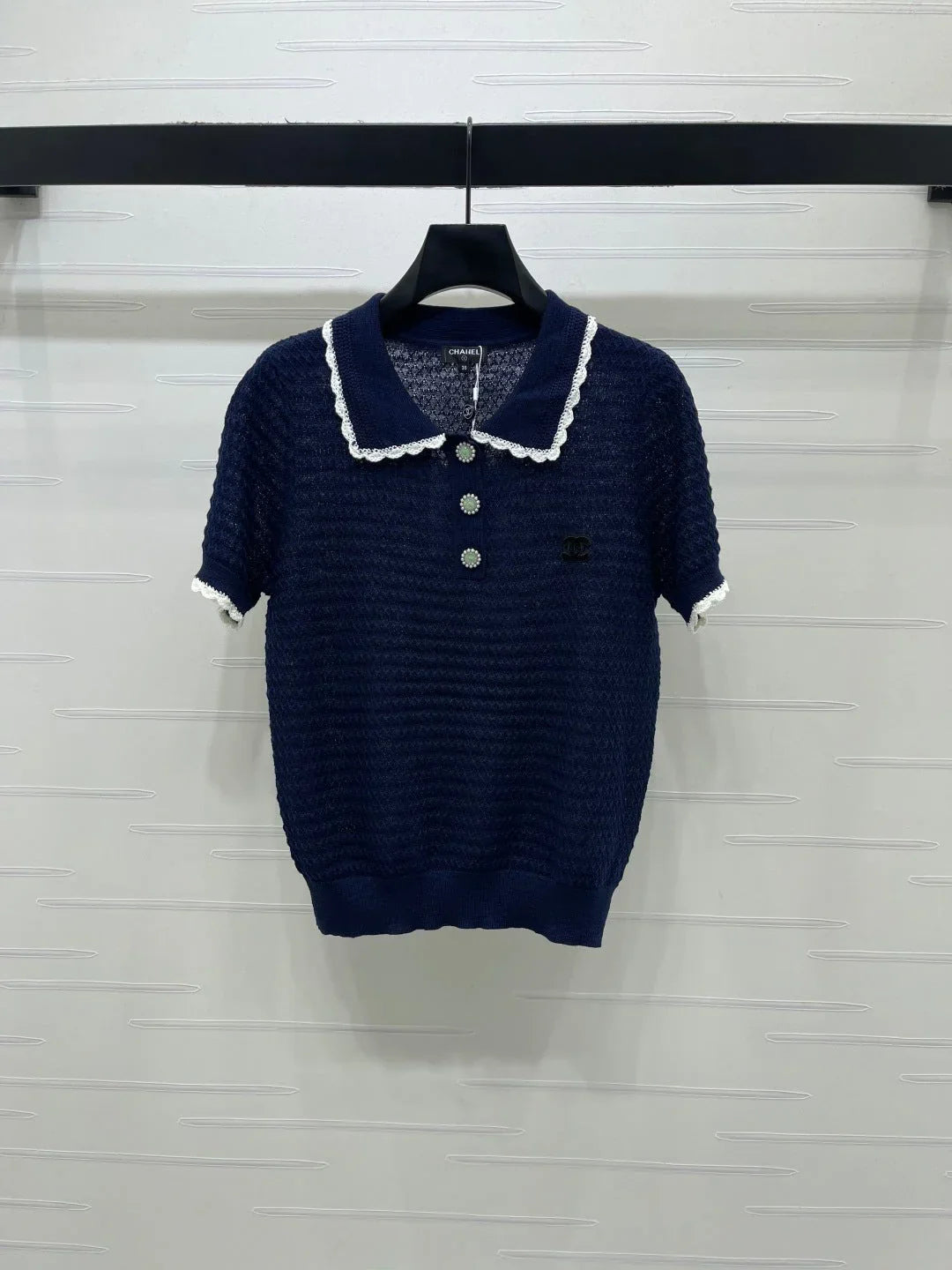 Chanel 2026 Lace-trimmed Polo Collar Knit Short-sleeved Top Cotton 390780