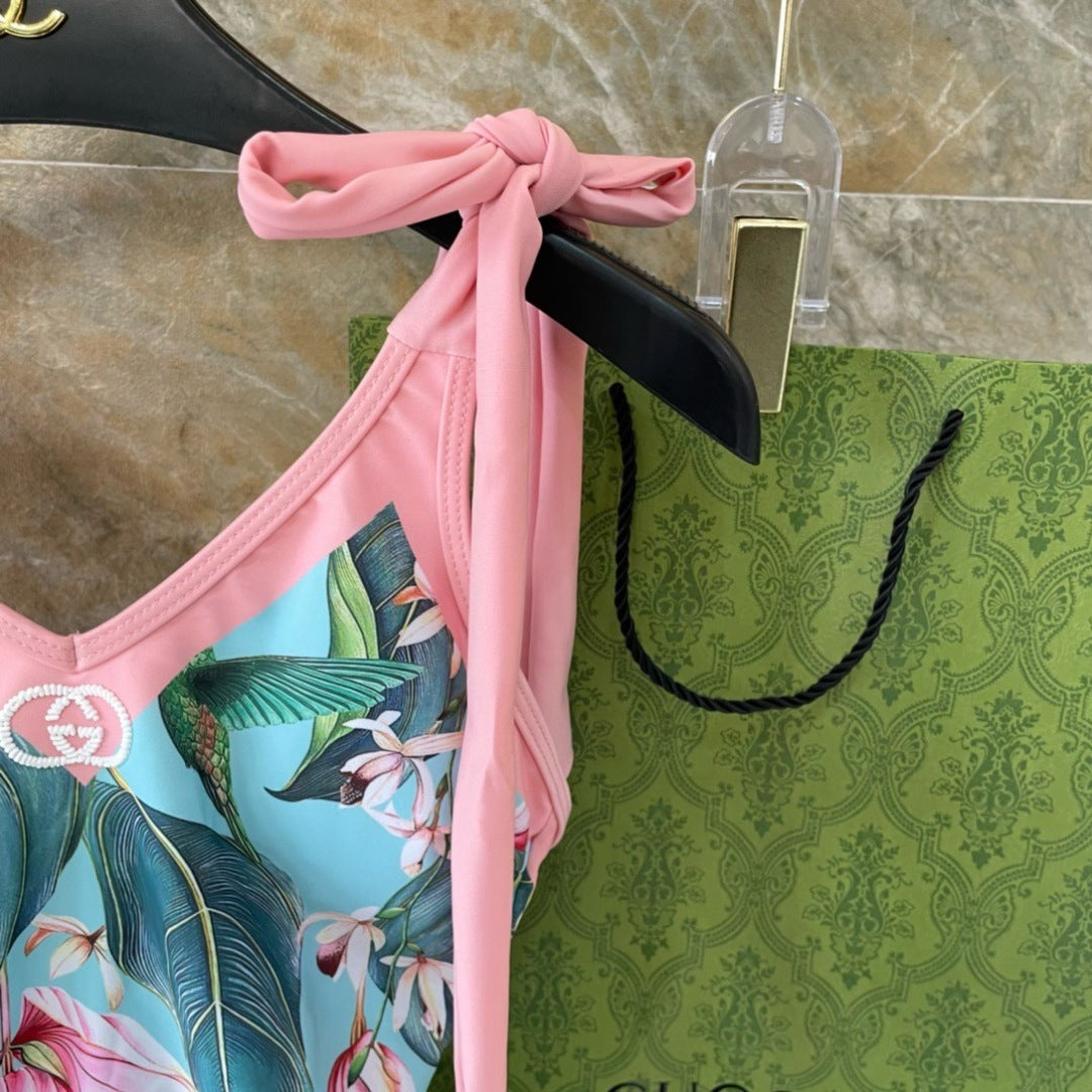 GG Tropical Floral Print One-Piece Swimsuit Green Pink 330760