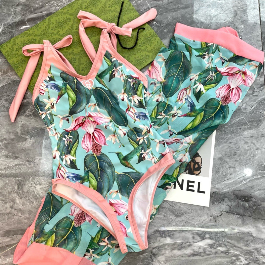 GG Tropical Floral Print One-Piece Swimsuit Green Pink 330760