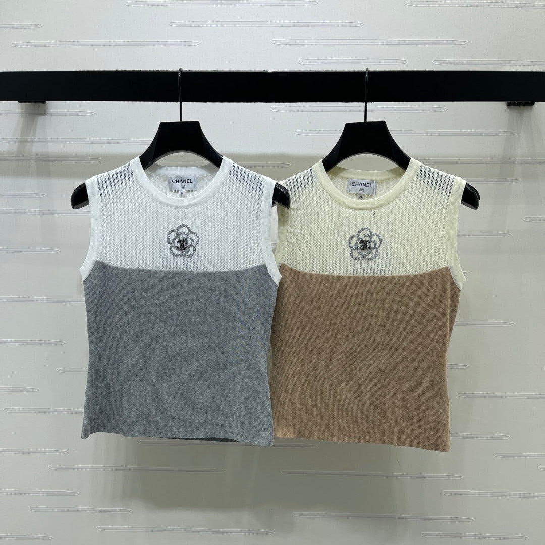 CC Crystal Camellia Tank Top Beige Brown Wool 406415