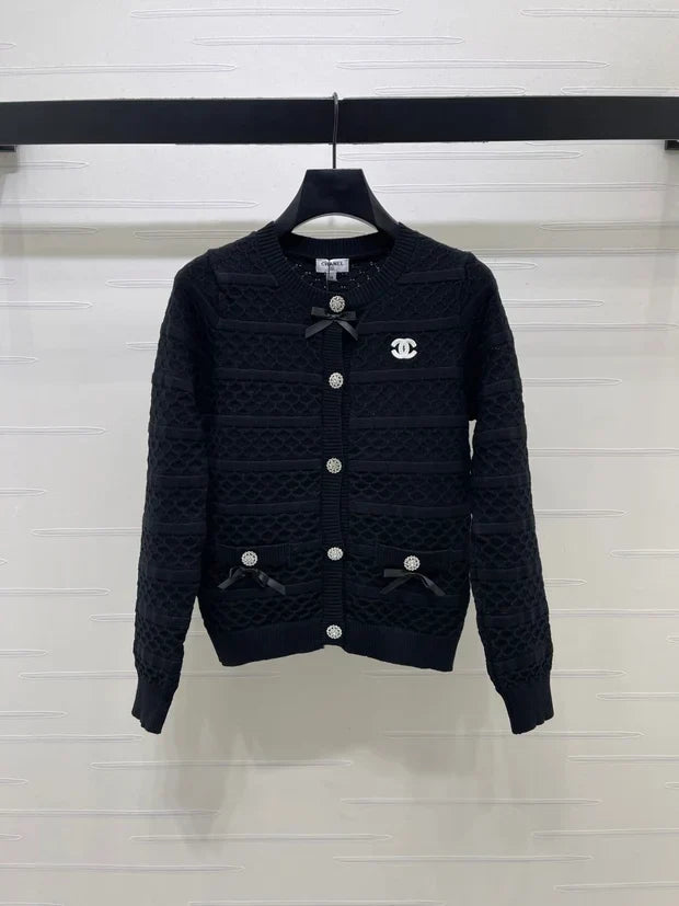 Chanel 2026 Ribbon Cardigan Black And White Wool 427250