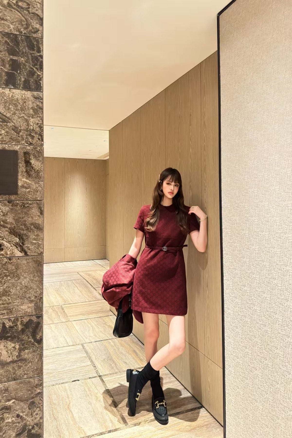 GG 25FW Short Sleeve Red Dress Jacquard