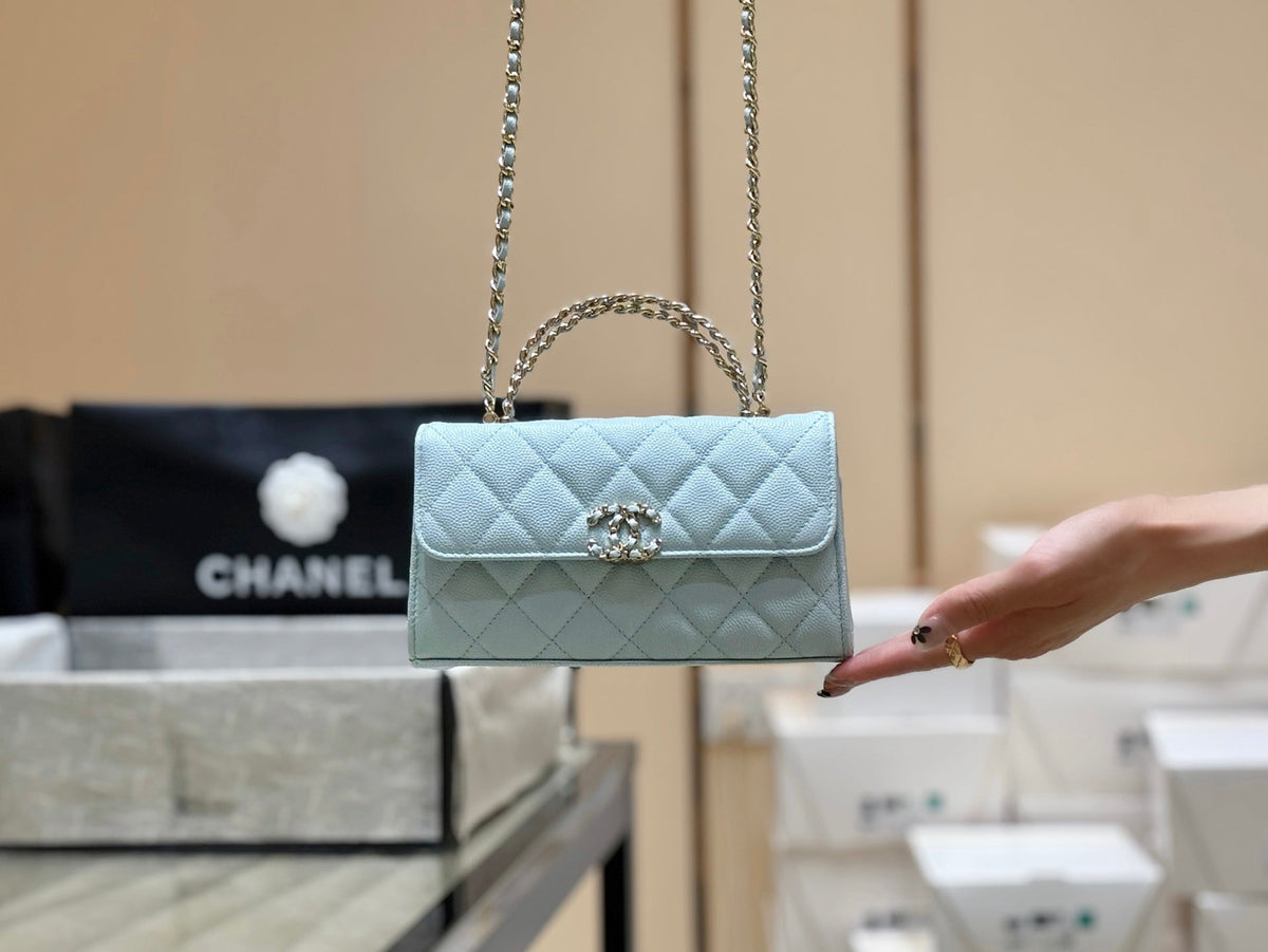 CC 25s Kelly Handle Bag Light Blue Caviar Leather