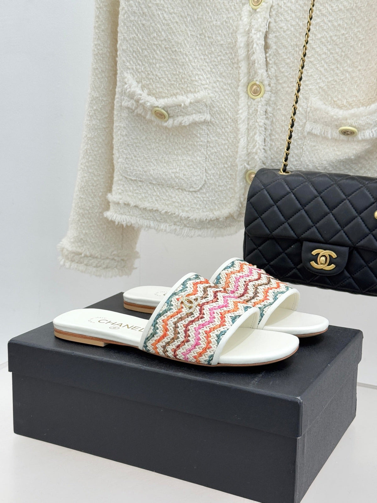 CC 2026 Knitted Double C Flat Slippers Multicolor Woven Sheepskin