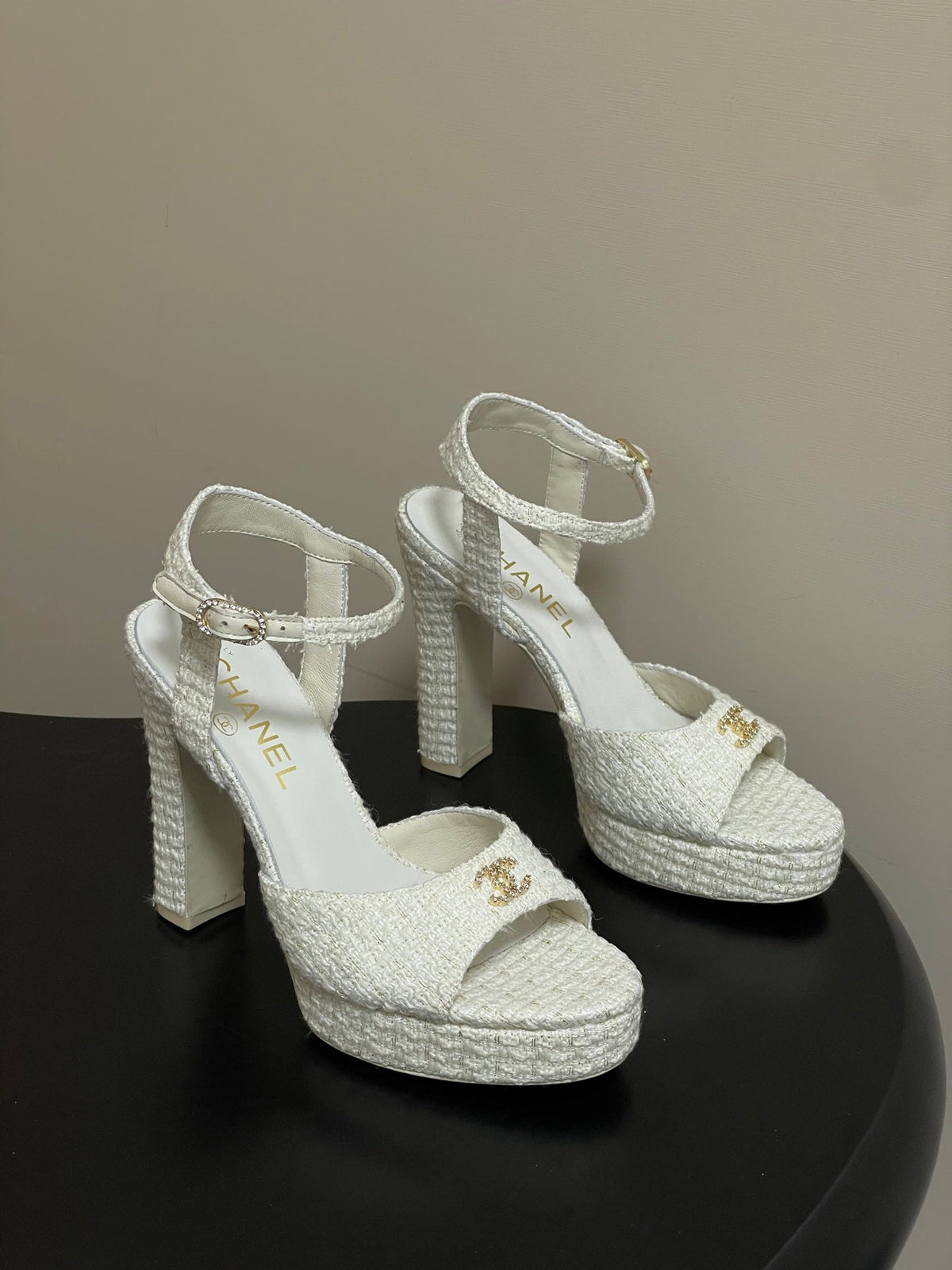 Chanel 2026 High heeled Chunky Platform Peep-toe Sandals Tweed Leather