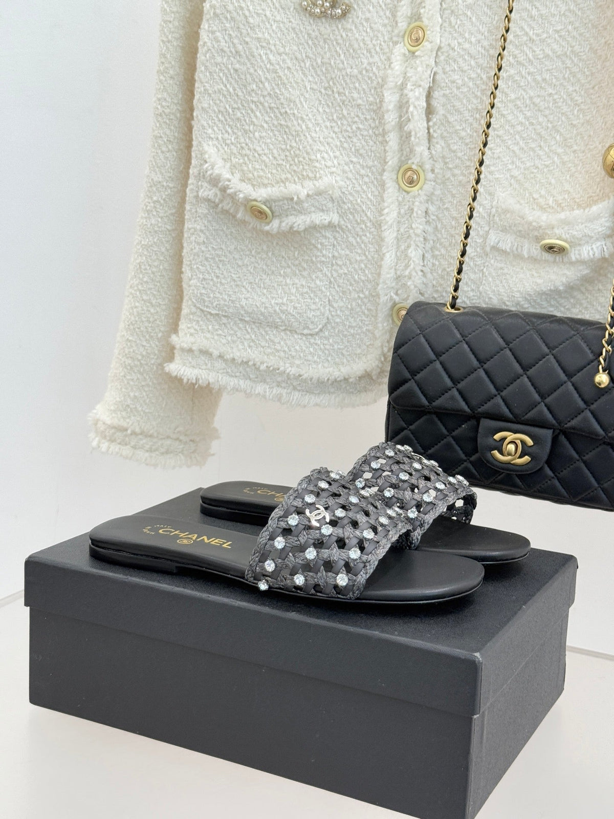CC 2026 Flat Sandals Woven Sheepskin Rhinestones