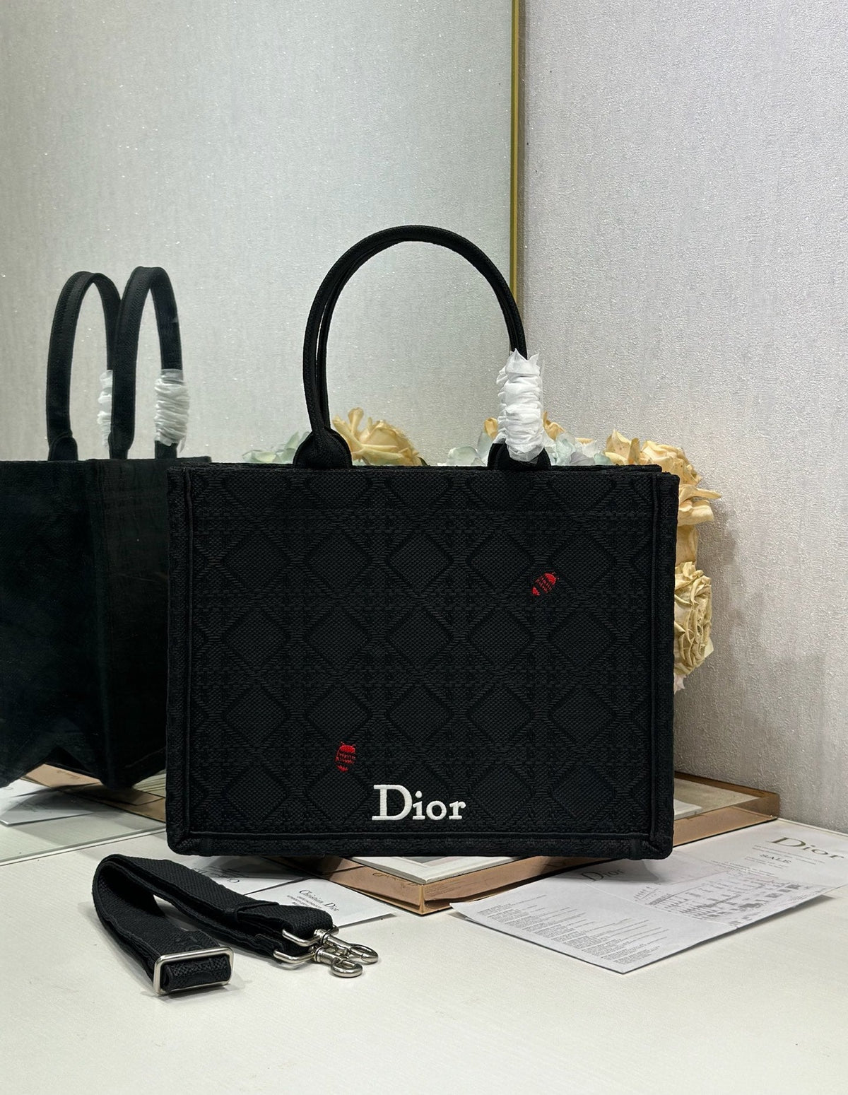 Dior 2026 Book Tote Bag With Red Beetle-shaped Embellishments Black Canvas 288481