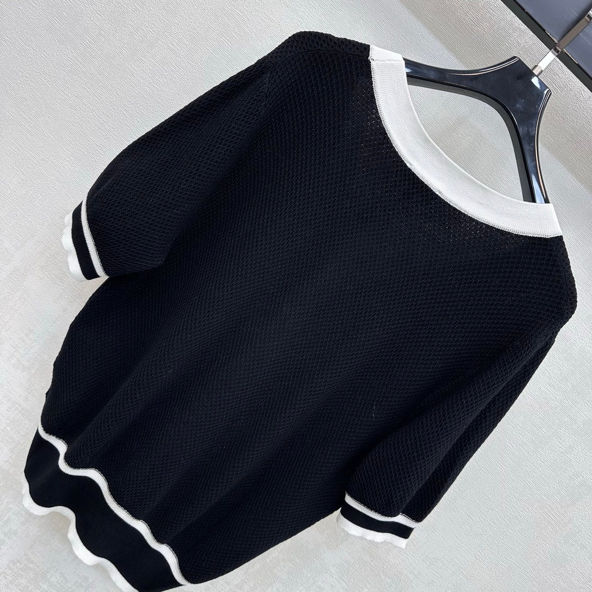 CC 26 Color-Blocked V-Neck Short-Sleeve Knit Cardigan in Wool