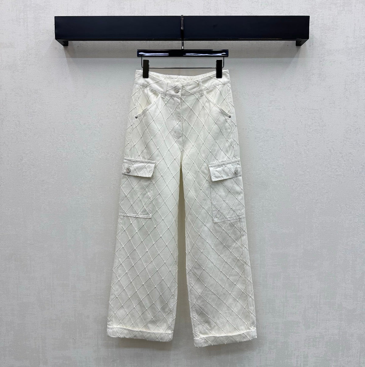 CC 26 Diamond-Patterned Denim Pants with Fold-Up Design in Cotton