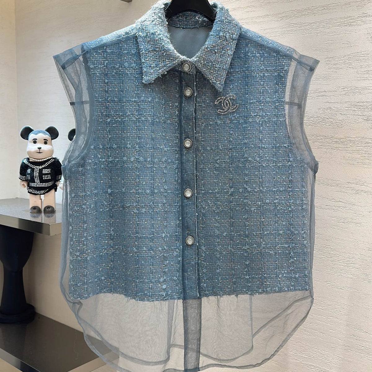 CC Collared Vest Jacket Dusty Blue Tweed Sheer 415624