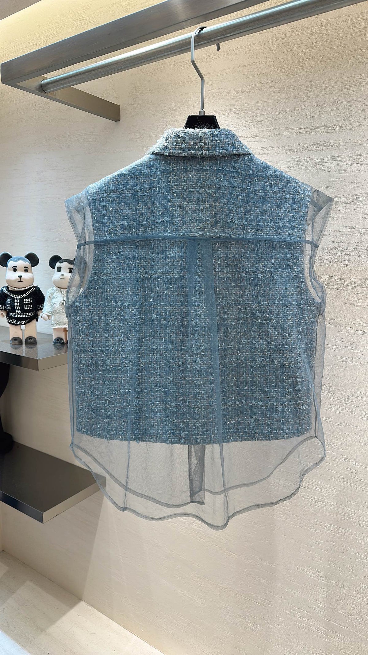 CC Collared Vest Jacket Dusty Blue Tweed Sheer 415624