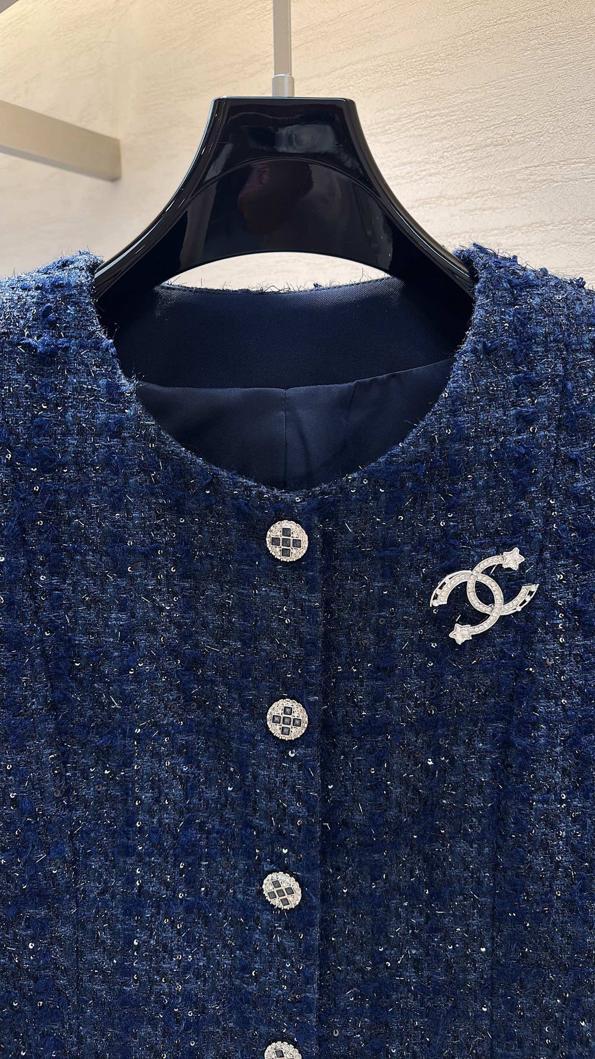 CC Cropped Jacket Rhinestone Buttons Navy Blue Tweed 415579