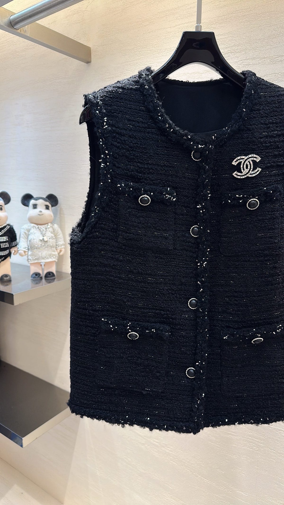 CC Sleeveless Vest Jacket Silver Sparkle Black Tweed 415638