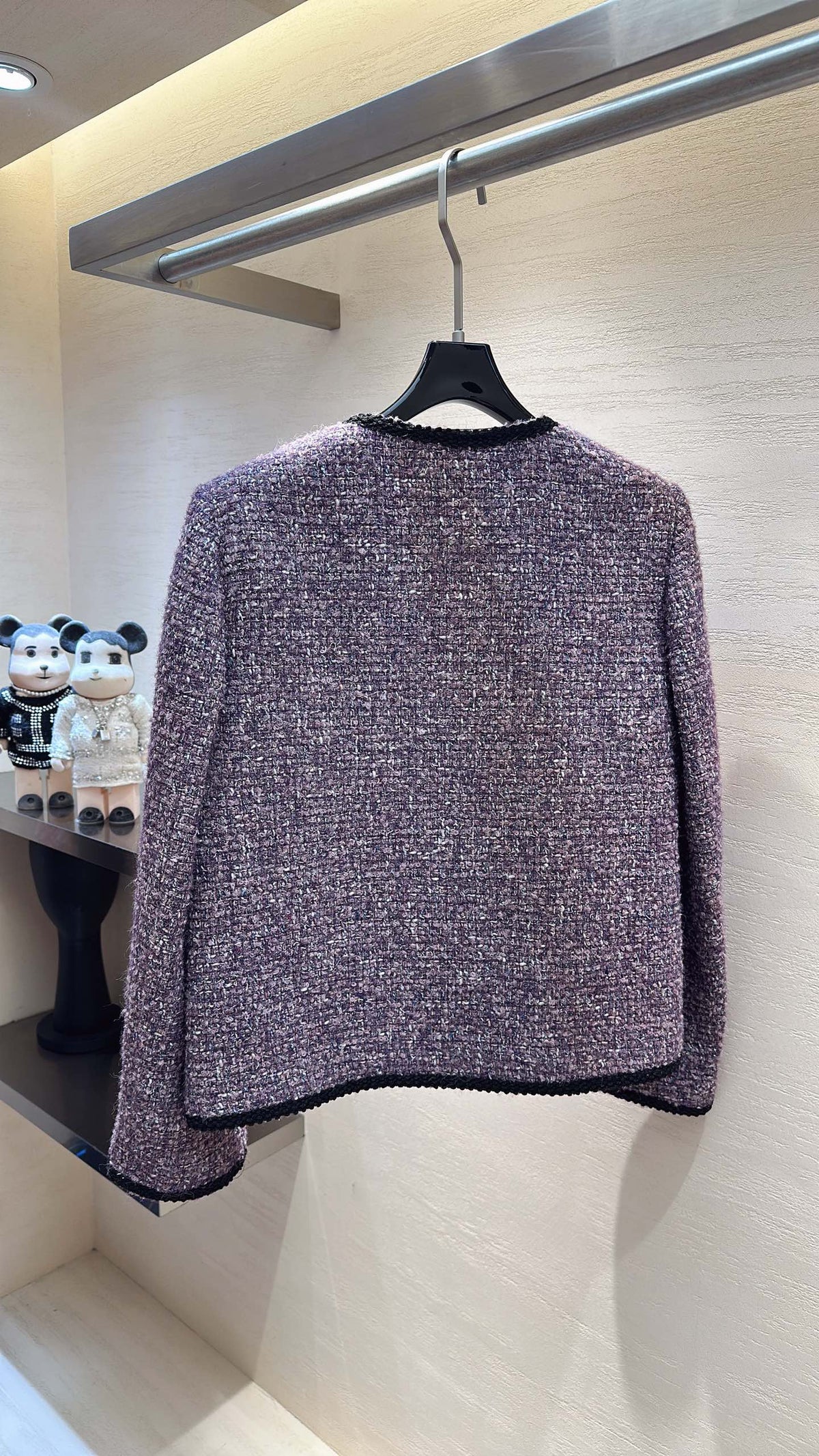 CC Round-Neck Jacket Black Trim Brooch Purple Tweed 415614