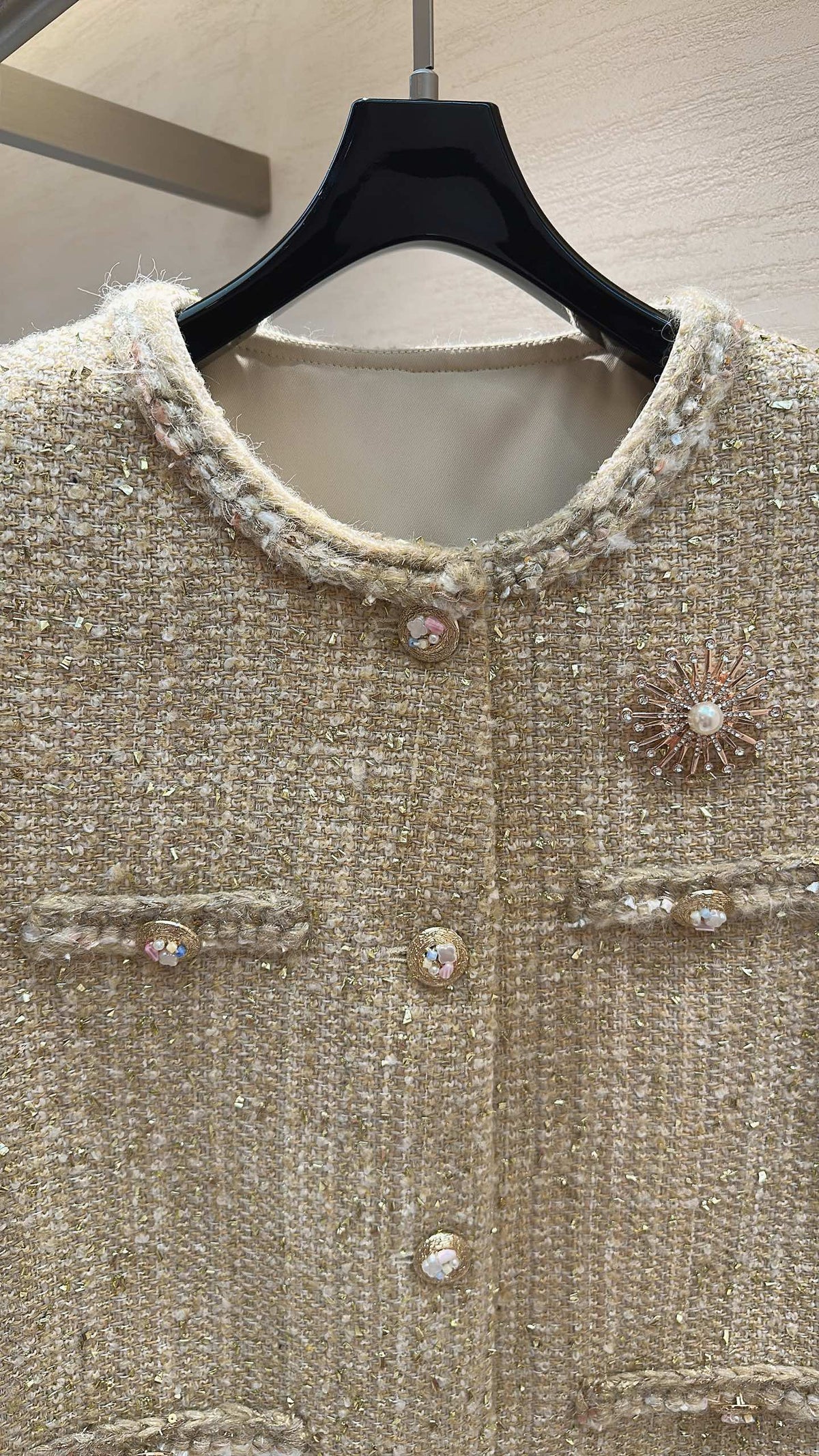 CC Sunflower Brooch Fringe Jacket Light Gold Tweed 415576