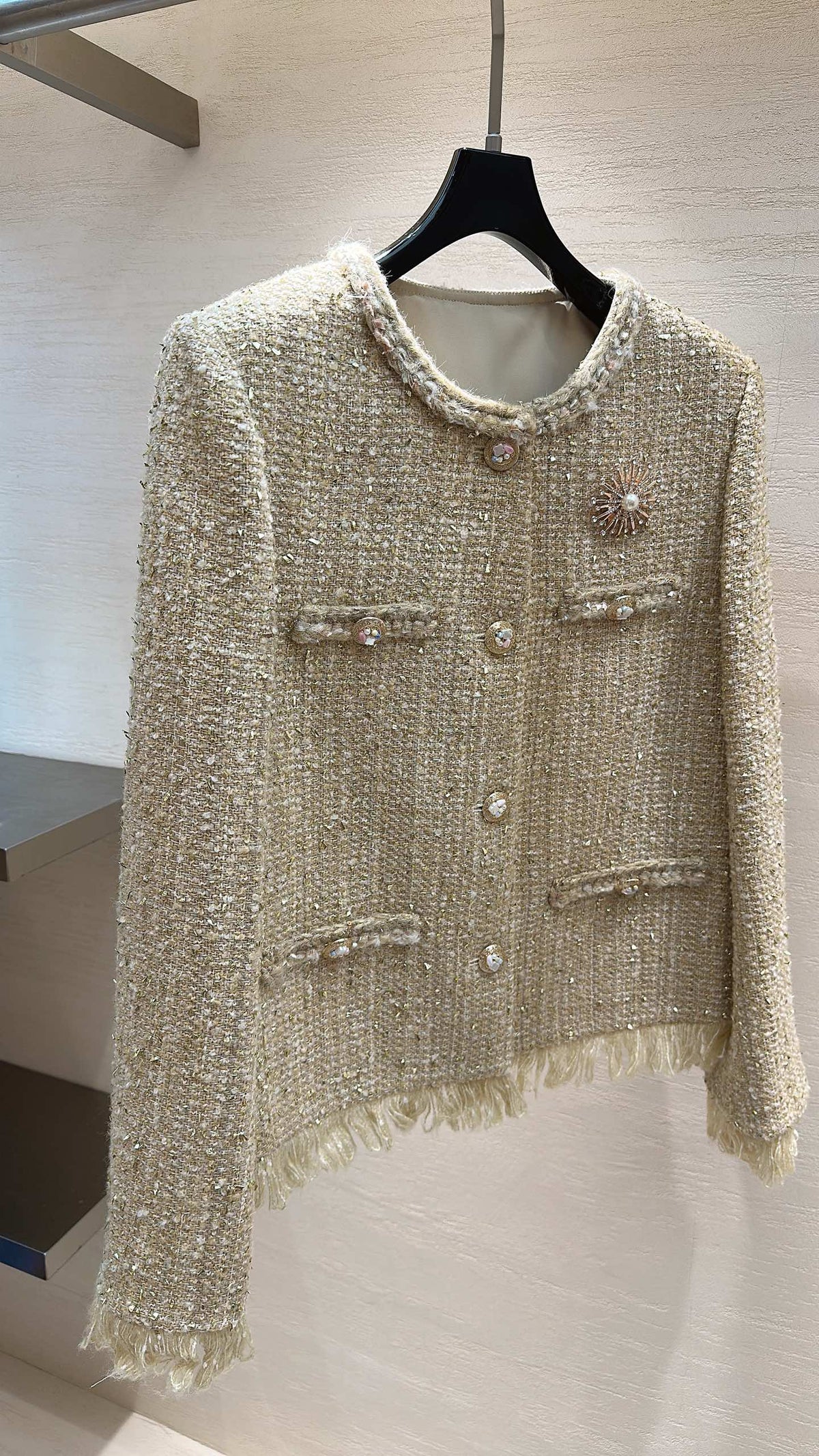 CC Sunflower Brooch Fringe Jacket Light Gold Tweed 415576