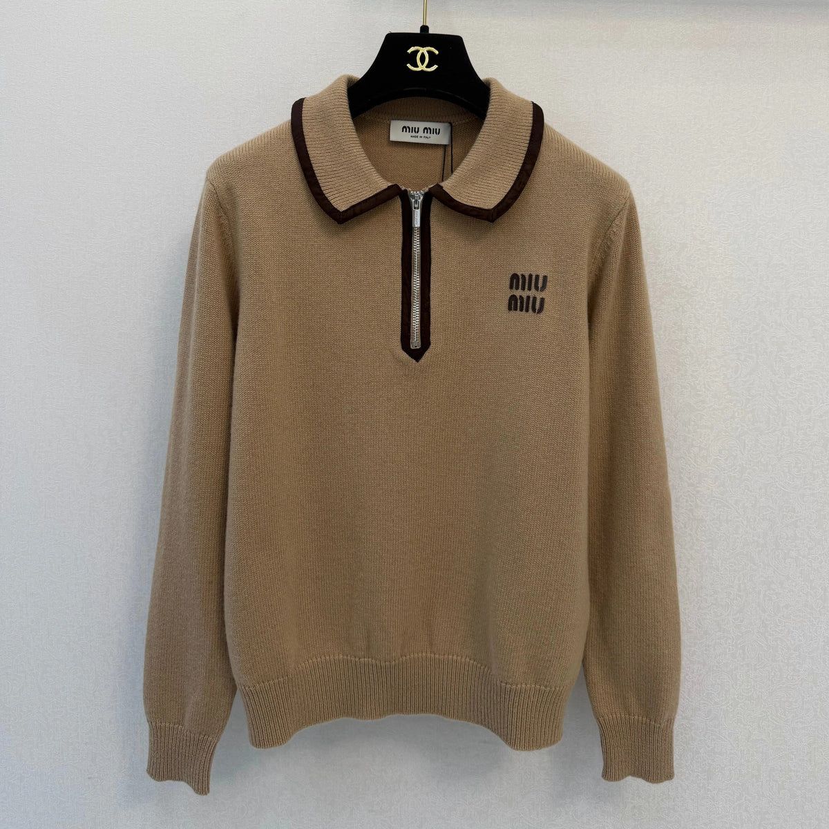 Miumiu 2026 Collared Half-zip Long-sleeved Shirt Light Brown Wool 425585