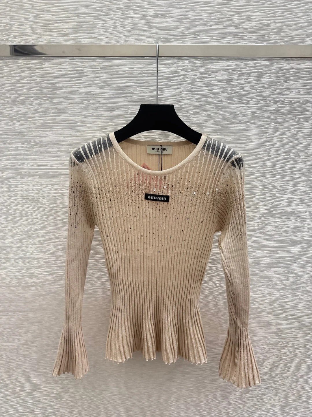 Miumiu 2026 Rhinestone Crew Neck Knitted Long Sleeve Wool 913396
