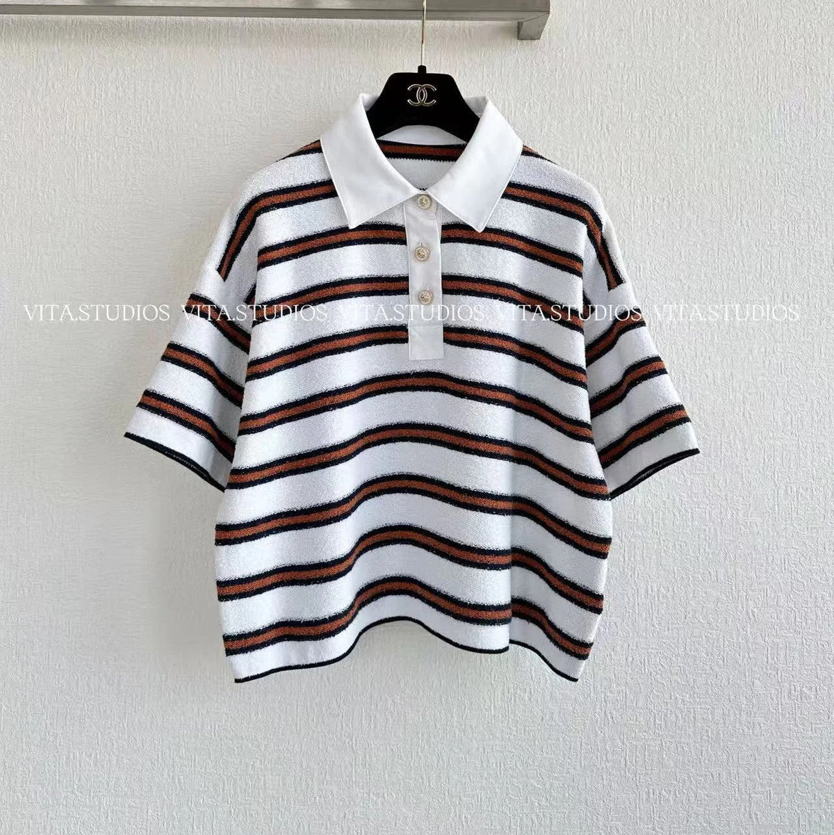 Chanel 26 Striped Polo Shirt White Brown in Cotton Boucle Yarn 285423