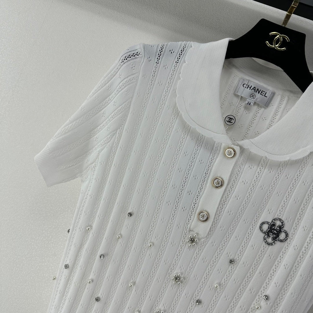 Chanel 2026 Beaded Knit Short-sleeved Top Wool Nylon 368304