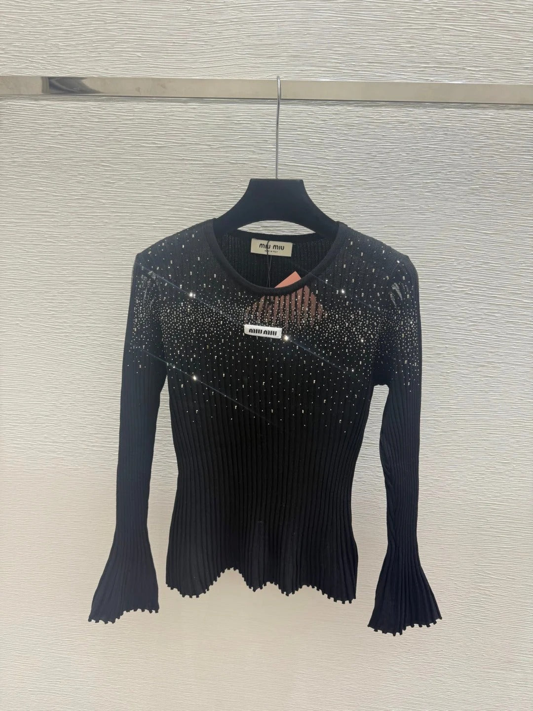 Miumiu 2026 Rhinestone Crew Neck Knitted Long Sleeve Wool 913396