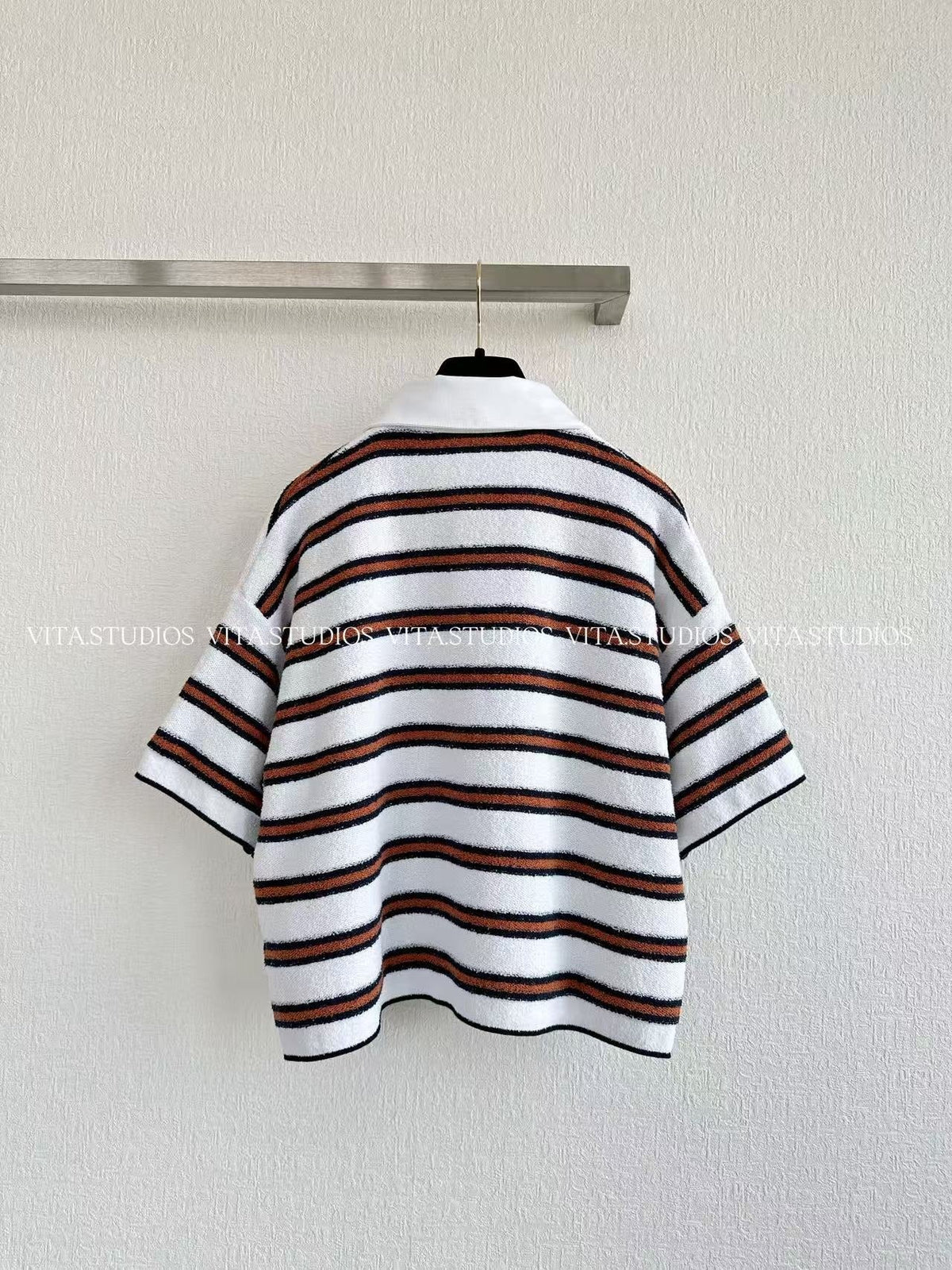 Chanel 26 Striped Polo Shirt White Brown in Cotton Boucle Yarn 285423