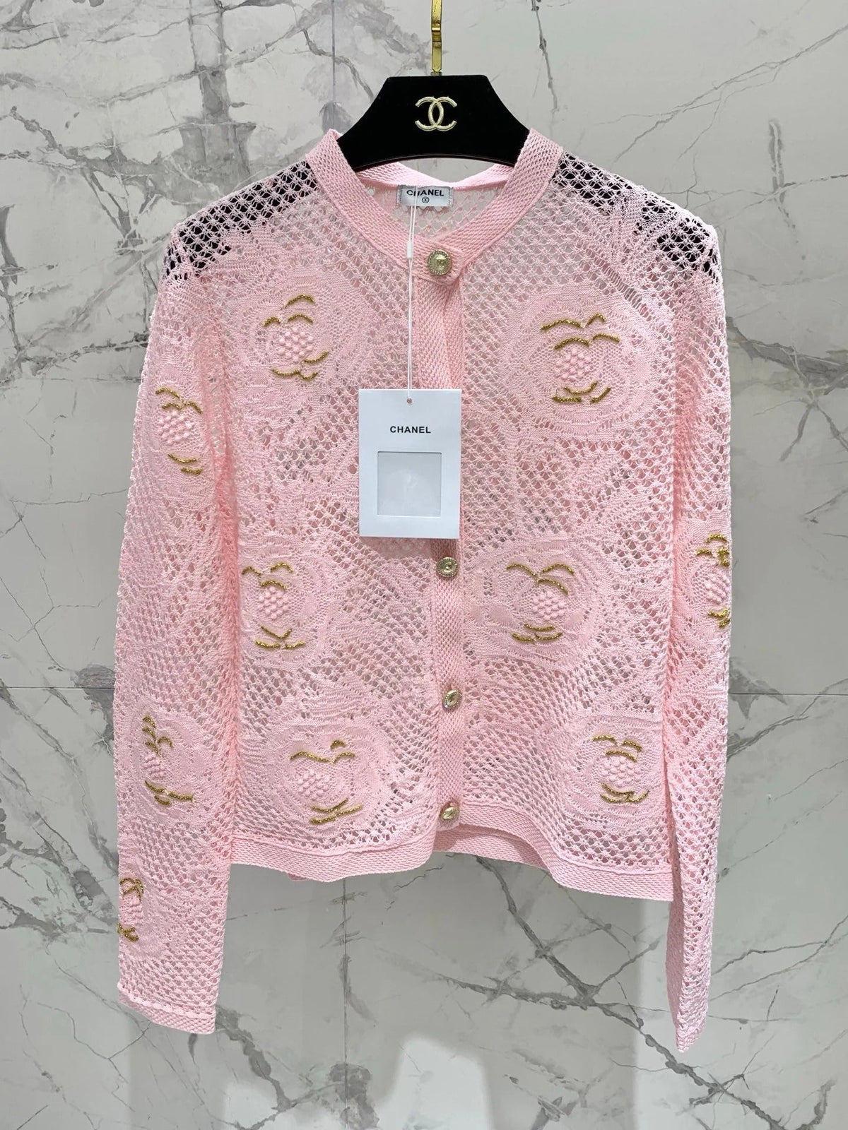 Chanel Embroidered Hollow-Out Cardigan Pink in Cotton 298308