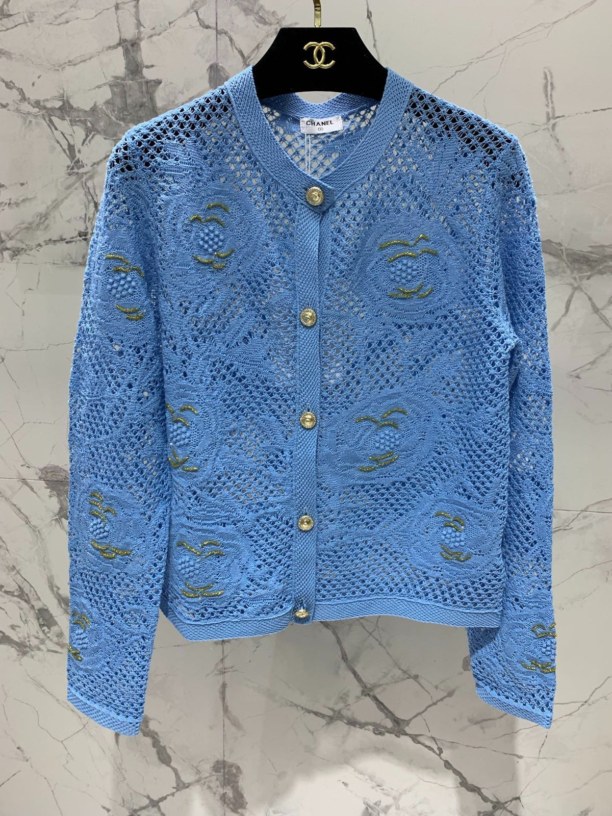 Chanel Embroidered Hollow-Out Cardigan Blue in Cotton 298307