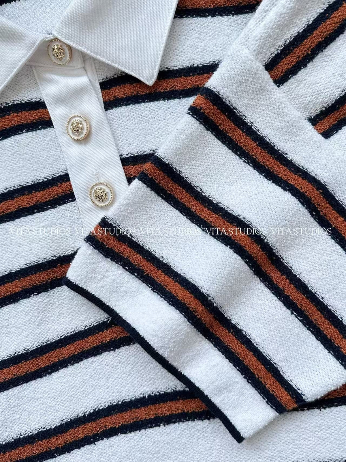Chanel 26 Striped Polo Shirt White Brown in Cotton Boucle Yarn 285423