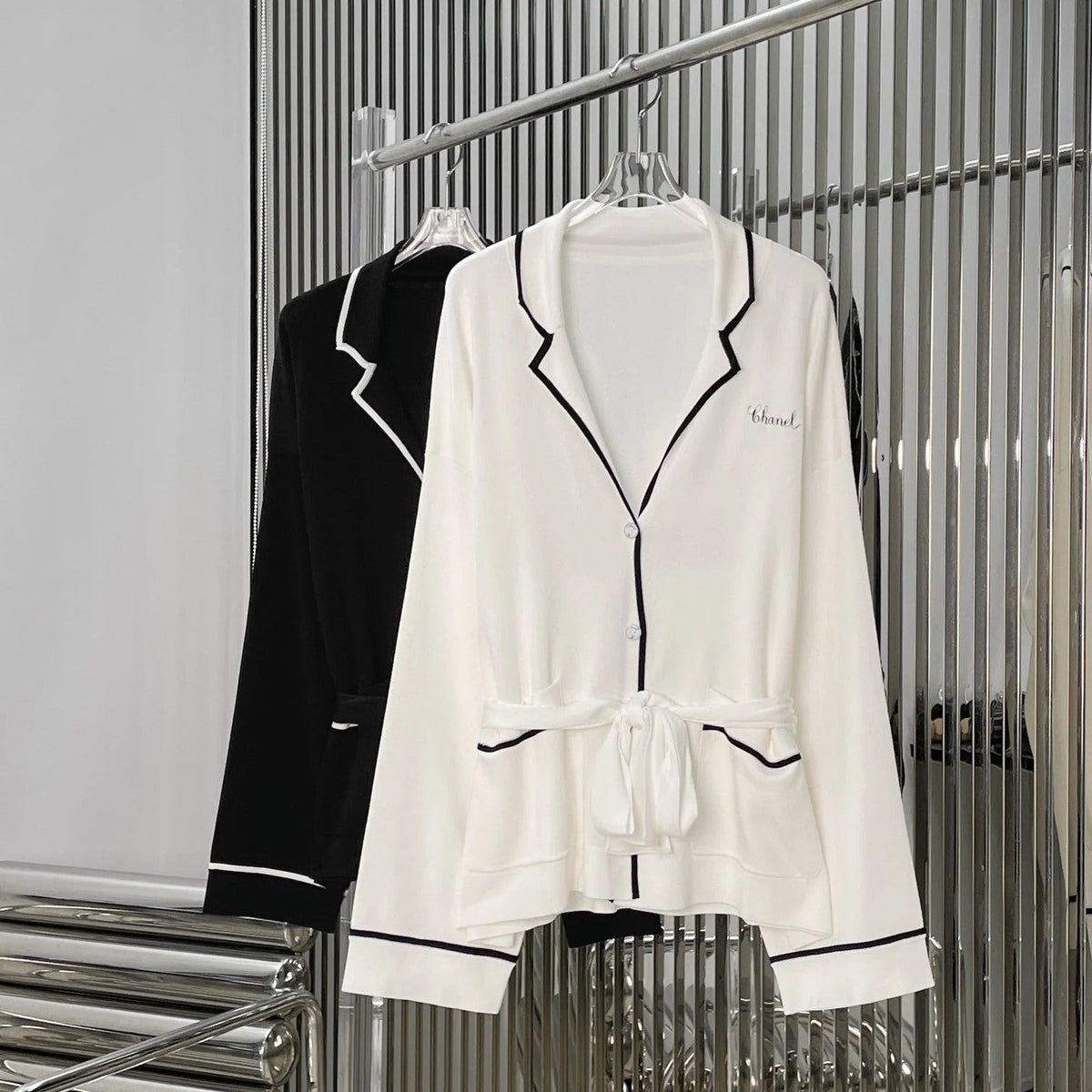 Chanel 26 Collar Tie-Waist Long-Sleeve Cardigan in Mulberry Silk 327277