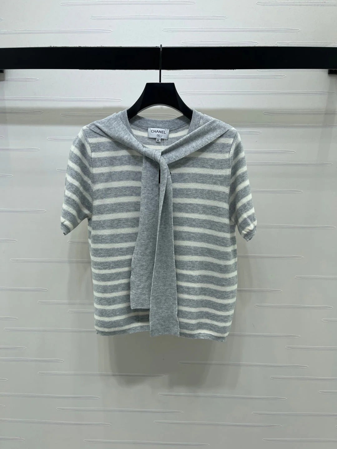 Chanel 2026 Shawl-Style Striped Knit Short-Sleeve Top Viscose 677747
