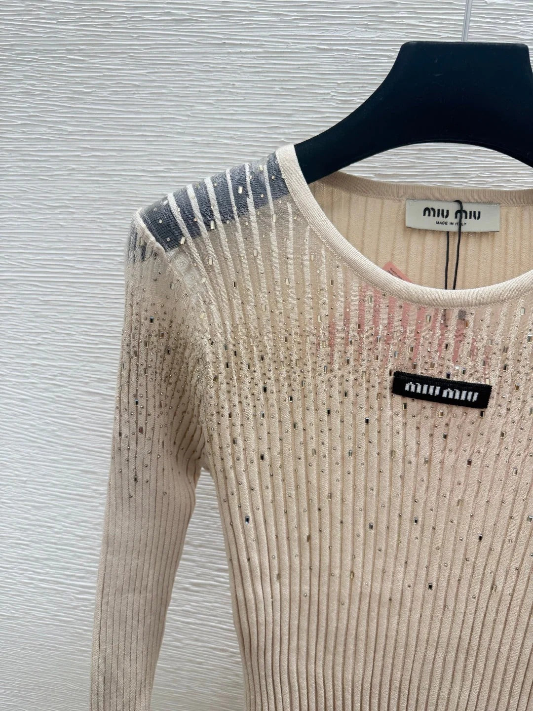 Miumiu 2026 Rhinestone Crew Neck Knitted Long Sleeve Wool 913396