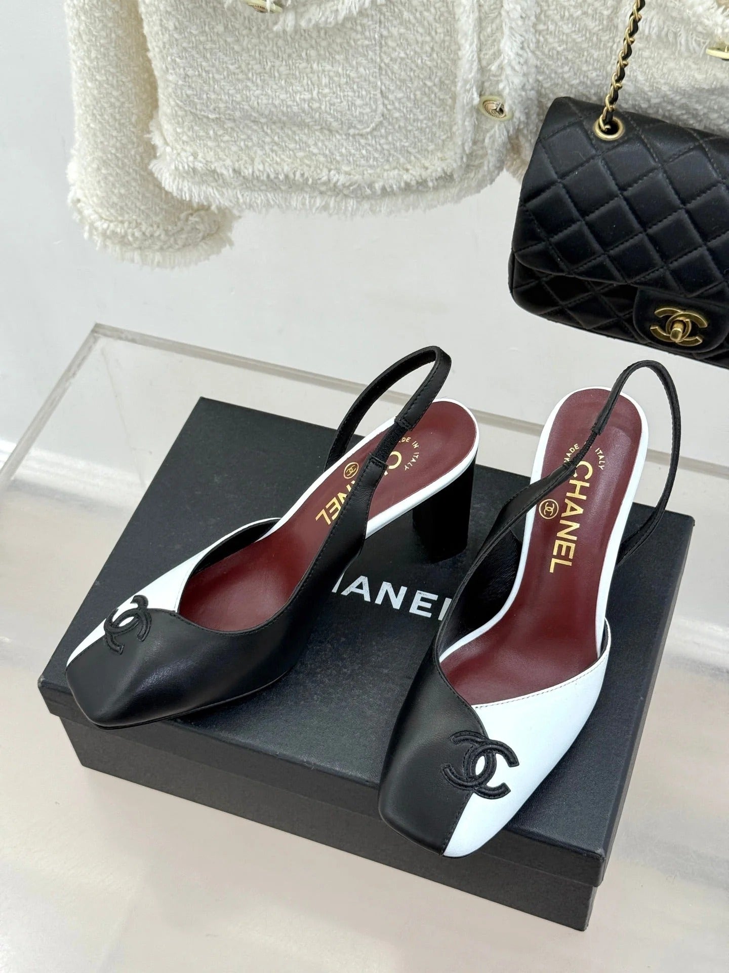 Chanel 26S Slingback 85mm Black White in Cowhide 706356